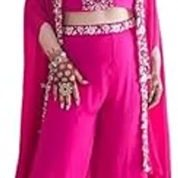 Womens and Girls Ready to Wear Indo-Western Sharara Hevay Chinon Fabric with Thred with Sequnce Work and Stiched Blouse Pink-image-1