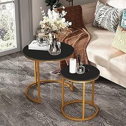 Brown Arts Shoppee Round Nesting Tables Simple Modern Small Round Table MDF Top Metal Table Living Room Sofa Set of 2 (Golden Black)-7