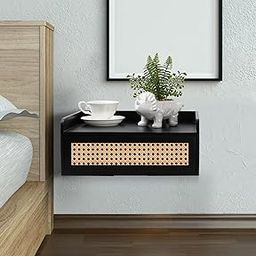 NO Bear Floating Nightstand, Small Rattan Nightstand with Storage Drawer, Wall Mounted Wood Nightstands, Black Bedside Tables Shelf Walnut-15