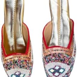 Traditional Embroidered Slip-on Mules, Multicolored Ethnic Pattern, Red Trim, Silver Inner Lining-picture-34