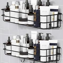 SaleOn Bathroom Rack for Shampoo Organizer with Shelf Adhesive Set of 2 Bathroom Shelf Rack with 4 Hooks Wall Storage Organizer Metal Rack for Bathroom-32