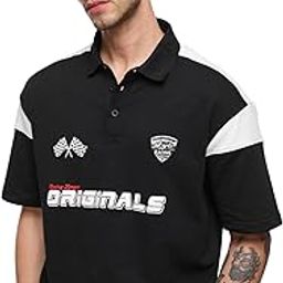 Racer Men and Boys Short Sleeves Collared Neck Black Graphic Printed Cotton Oversized Polos-image-72