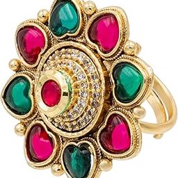Shining Jewel Traditional Indian Gold Plated Pure Copper Kundan, Pearls and CZ studded Large Design Finger Ring for Women-image-45