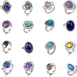 16pcs Mixed Mood rings classic temperature change color mood ring lovers (Adjustable Size), Metal, Rhinestone-image-25