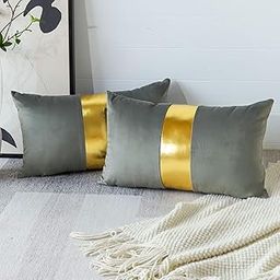 Artscope Grey Velvet Throw Pillow Covers with Gold Leather Stitching Luxury Modern Minimalist Square Pillowcase Cushion Covers for Bed Couch Sofa 12x20Inch Set of 2-9