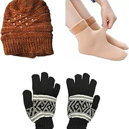 Winter Combo for Women and Girls 1 Pair Hand Gloves, 1 Pcs Woolen Knit Beanie Winter Cap, 1 Pair Velvet Thumb Thermal Sock Set-image-21