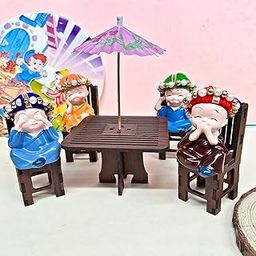 Alaukik Monk Buddha Figurine Set of 4 with Miniature Wooden Table, Chair and Umbrella Decor Set-28