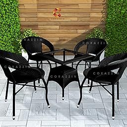 CORAZZIN Rattan & Wicker Garden Patio Seating Chair And Table Set Outdoor Balcony Garden Coffee Table Set Furniture With 1 Square Table And 4 Chairs Set (Black), 49.53 Cm, 81 Cm, 48.26 Cm-image-98
