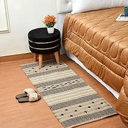Slazie Handwoven Cotton Bed Runner Rug 2x5 ft | Boho Ethnic Carpet with Tassels | Modern Floor Mat for Bedroom, Living Room, Hallway| Beige BLACKzz|4004-image-19