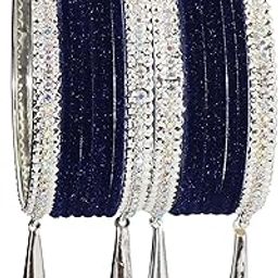 Metal with Zircon Gemstone and Velvet Studded Bells Latkan Bangles Set For Girls and Women I Latkan Bangles, Premium Bangle Bracelet Set I Pack of 16 Bangles-13