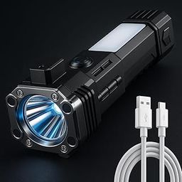 Vaxtore Torch Light,LED 3W Torch Light Rechargeable Torch Flashlight,Long Distance Beam Range Car Rescue Torch with Hammer Window Glass Built Portable Rechargeable (Modern) Black Hammer-7