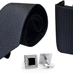 Men's Italian Silk Tie, Pocket Square & Square Cufflink Set – 2.75" Slim Necktie with 10x10 Handkerchief & Stainless Steel Cufflinks – Wooden Gift Box-image-12
