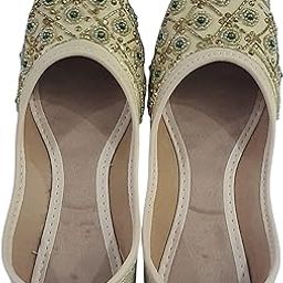 Women's Traditional Beaded Ballet Flats, Cream Colour with Green Stone Embellishments, Handcrafted Ethnic Juttis-image-24