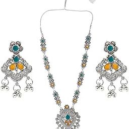 Oxidised Necklace Set with Stones and Ghungroo Danglers for Women or Girls.-image-1