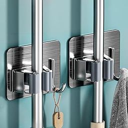 Mop Holder Hooks with Adhesive Glue (Pack of 2 Pcs) Broom Holder Stainless Steel Wall Waterproof Multicolour for Bathroom & Kitchen, Multipurpose Slots-image-34