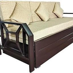 ROYAL BED MANUFACTURER King Size 6X6 Metal Convertible Sofa with Hydraulic Storage - 3-Seater, Cream Cushions (Matte Brown Finish)-image-39
