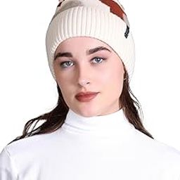 Women's Acrylic Blend Woollen Self Design Soft Warm Winter Knitted Pom Pom Skull Beanie Cap Beige-image-14