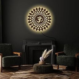 DarkIndia Shree OM Mandala Wooden Wall LED Light Lamp Decorative for Home, Office, Temple Decor | Size 12x12 Inch, Warm White-image-3