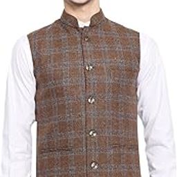 Mens Pure Wool Export-Quality Indian Traditional Nehru Jacket (Brown-Check)-0