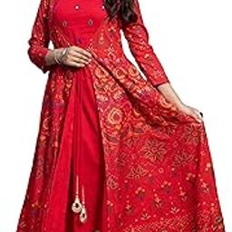 Women's Rayon Printed Long Flared Anarkali Gown in Blue/Red-image-7