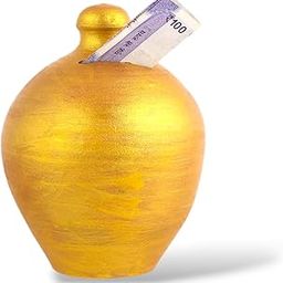 Keshika Clay Made Round Shape Piggy Money Bank Terracotta Clay Coin Bank/mitti gullak/Coin Box Gift for Kids (Golden, Pack of 1)-image-21