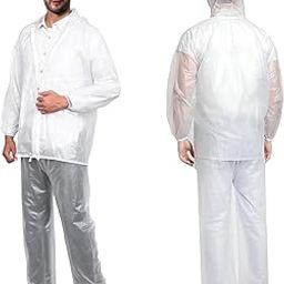 Crystal Men Raincoat Water Resistant Rain Coat with Adjustable Hood Drawstring Hem Set of Top & Bottom with Carrying Pouch (XXL Size, Transparent)-14