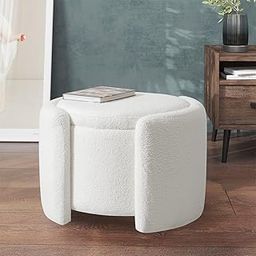 Furniliving Upholstered Button Tufted Round Ottoman, Ottoman with Storage, Teddy Footrest Stool, Removable Lid Convenient Footstools, Bedroom Ottomans with Storage for Vanity, Living Room, White-image-62