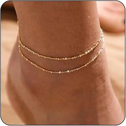 Gold/Silver Ankle Bracelets for Women,14K Gold Anklets for Women Waterproof Cuban Link Heart Beads Herringbone Rhinestone Anklets Set Layered Anklet Bracelets for Women Gold Jewelry Gift-image-32