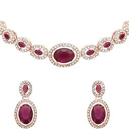 Rose Gold Plated Stylish Design Crystal Diamond Necklace & Earrings Jewellery Set for Women-image-36