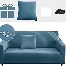 INFOSUN Stretch Sofa Slipcover, Elastic Fabric Printed Waterproof Armchair Loveseat Couch Living Room Sofa Covers Pet Protector Mat Cushion Cover with 1 Pillowcase(Light Blue, 3 seater, 74" - 90")-image-42