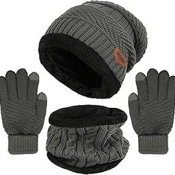 Winter Knit Beanie Hat Neck Warmer Gloves Set, Fleece Lined Skull Cap Infinity Scarves Touch Screen Mittens for Men Women-22