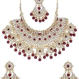 Gold Plated Traditional Kundan and Ruby Stones Embellished Statement Bridal Necklace Jewellery Set with Pair of Earrings and Maang Tika for Women-image-90