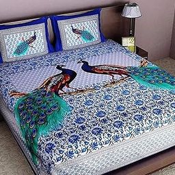 Ealth Kart 100% Cotton Rajasthani Jaipuri Traditional Print King Size Double Bed Bedsheet With 2 Pillow Covers (Mor-Blue), 180 TC-image-12