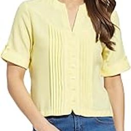 Women Yellow Mandarin Half Sleeves Solid Shirt Blouse for Casual Wear-picture-36