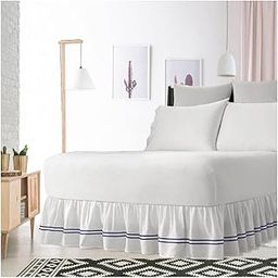 2 Line Embroidered Navy Blue Color on White Fabric Ruffle Bed Skirt 20 Inches Drop 600 Thread Count Egyptian Cotton Queen Bed Size-79