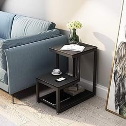 FURNIFOX 3 Tier Sofa Side Table, Modern Coffee Table Nightstands with Metal Frames and White MDF Desktop for Living Room Bed Rooms Decor (Full Black)-picture-17