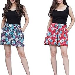 Women Floral Shorts- Floral Print All Over (Red & Blue)- Pack of 2-image-2