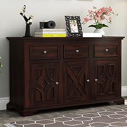 HAVORI FURNITURE Solid Sheesham Wooden Sideboard Cabinet for Living Room with 3 Drawer & 6 Shelves - Wooden Drawer Storage Cabinet for Bedroom Home Storage (Design 38)-image-91