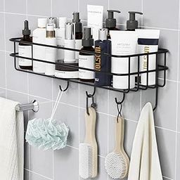 Stainless Steel Iron Coating Self-Adhesive Metal Bathroom Rack Storage Shelves with 4 Hook- Black, Set of 1 (Shelf with 4 Hook)-image-29