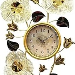 Dratal Handcrafted Metal Wall Clock with Golden Flowers | Vertical Decorative Wall Clock for Home & Office Décor-image-14