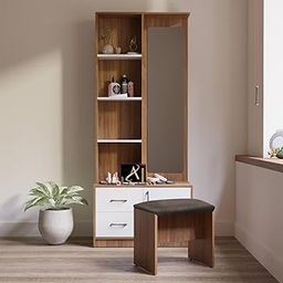Lisa Dressing Table Modern Dressing Table with Mirror, 4 Storage Shelves, 2 Drawers and Stool, 183 cm Height, Leon Teak and White-28