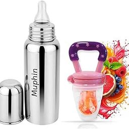 Baby 2 in 1 Multi-Functional Stainless Steel Milk Juice Feeding Bottle 240ml with Food Feeder Fruit Nibbler for Babies BPA Free (Pack of-2)(Blue) (Pink)-image-57