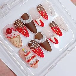 Siyaram Palace Press-on Nails, Chocolate and Strawberry Design, Set of 12 with Prep Kit, Handmade-image-44