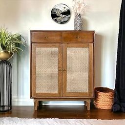 Vintage Rattan Cabinet, Wooden Storage Unit with 2 Drawers, Cane Door Panels, Mid-Century Modern Design-image-11