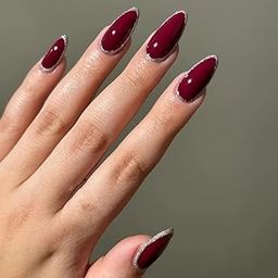 Nakhi 24 Reusable Artificial Fake Nail Set | Base Wine colour with Silver Border Design Glossy Nails | Lightweight & Long Lasting | Quick Fix For Festivals & Special Occasions-30