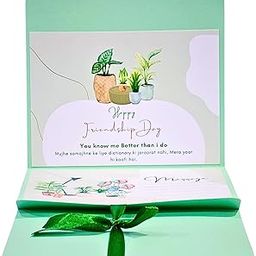 Handcrafted Friendship Day Greeting Card, Green, Decorative Plant Design with Bilingual Message, Ribbon Bow (Large - 5 x 7 inch)-image-44