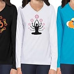 Women's Regular Fit Yoga Combo Cotton Graphic Printed V Neck Full Sleeves Pack of 3 with Turquoise Yoga T Shirt. Yoga, Exercise, Gym, Fitness Pootlu Tshirts-15