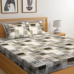 Mayas Collection Microfiber One Bedsheet with Two Pillow Covers Double Bedsheet Multicolour (230x230 cm) (Grey) (Dark Check)-14