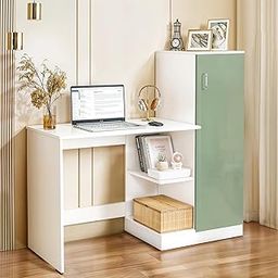 ABOUT SPACE Study Table with Cabinet - Computer Table with Bottom Storage Space DIY Engineered Wood Office Desk with Adjustable Shelves for PC Laptop Gaming (White, Green - L 124 x B 44 x H 121.5cm)-20