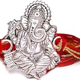 Milan Jewellers Certified 99.5% Pure Silver Om Ganesh Rakhi with Pure Cotten Red and Golden Zari Thread, Roli Chawal bottles-image-87